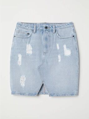 H&M| Light Blue Jean Distressed Denim Mini Skirt with Front Slit Sz 6